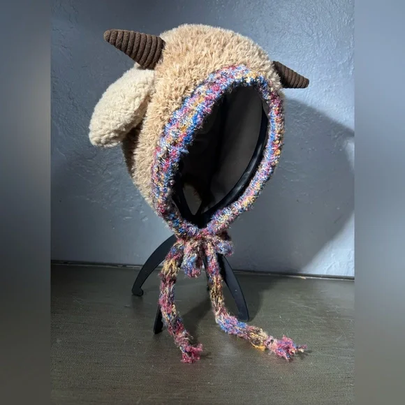 Cozy Light Brown and Blue Horned Sheep Themed Knit Hat and the Ears Squeek - Picture 2 of 11